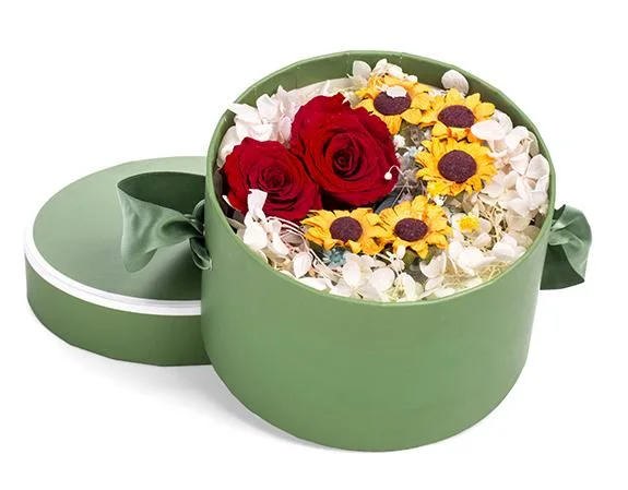 Luxury Custom Design Printing Cardboard Packaging Round Flower Box with Ribbon Handle